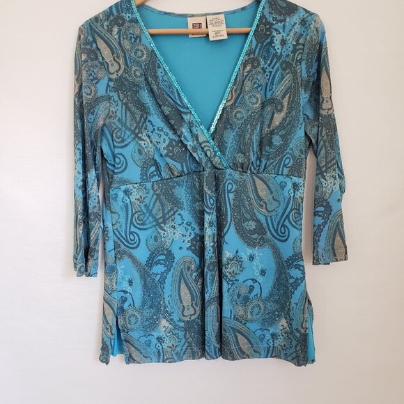 Y2K Turquoise Mesh Paisley Sequin mermaidcore fairy boho V-Neck babydoll top L - Picture 1 of 6